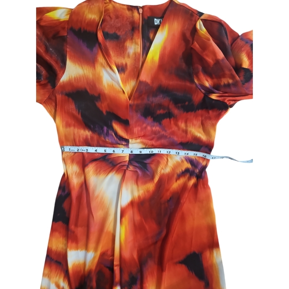 DKNY Printed Satin Midi Dress Red Orange Abstract Puff Sleeve L NWT - Picture 11 of 15